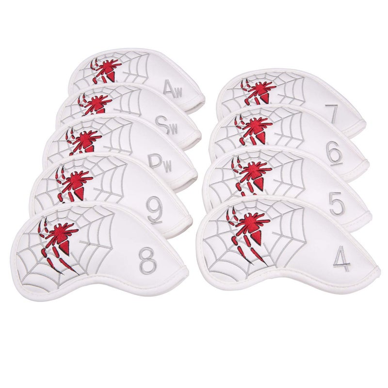 Golf Builder 9pcs/Set Spider Embroidery White Golf Iron Club Head Covers 4-9,Pw,Sw,Aw Fits Right Hand - Image 1